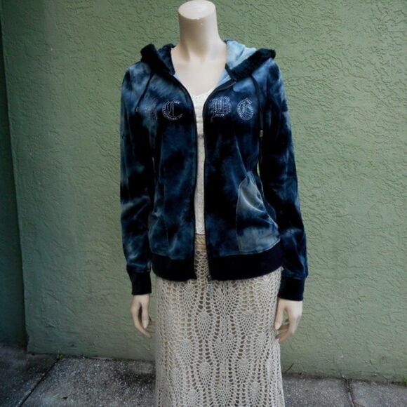 EUC BCBG Hooded Blue TieDye Zippered Jacket w/Rhinestones M - Picture 2 of 12